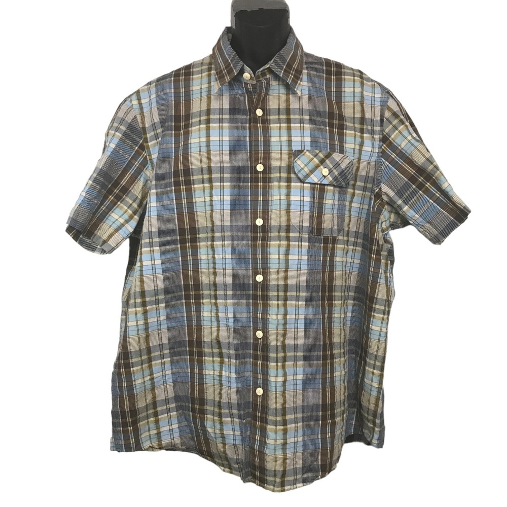 Indigo Palms Mens XXL Blue Brown Plaid SS Button‎ Down Shirt Cotton Blend